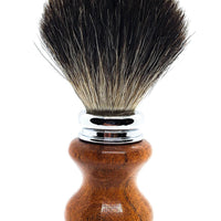 close up of a black badger shave brush with a mesquite handle from mc shave gear