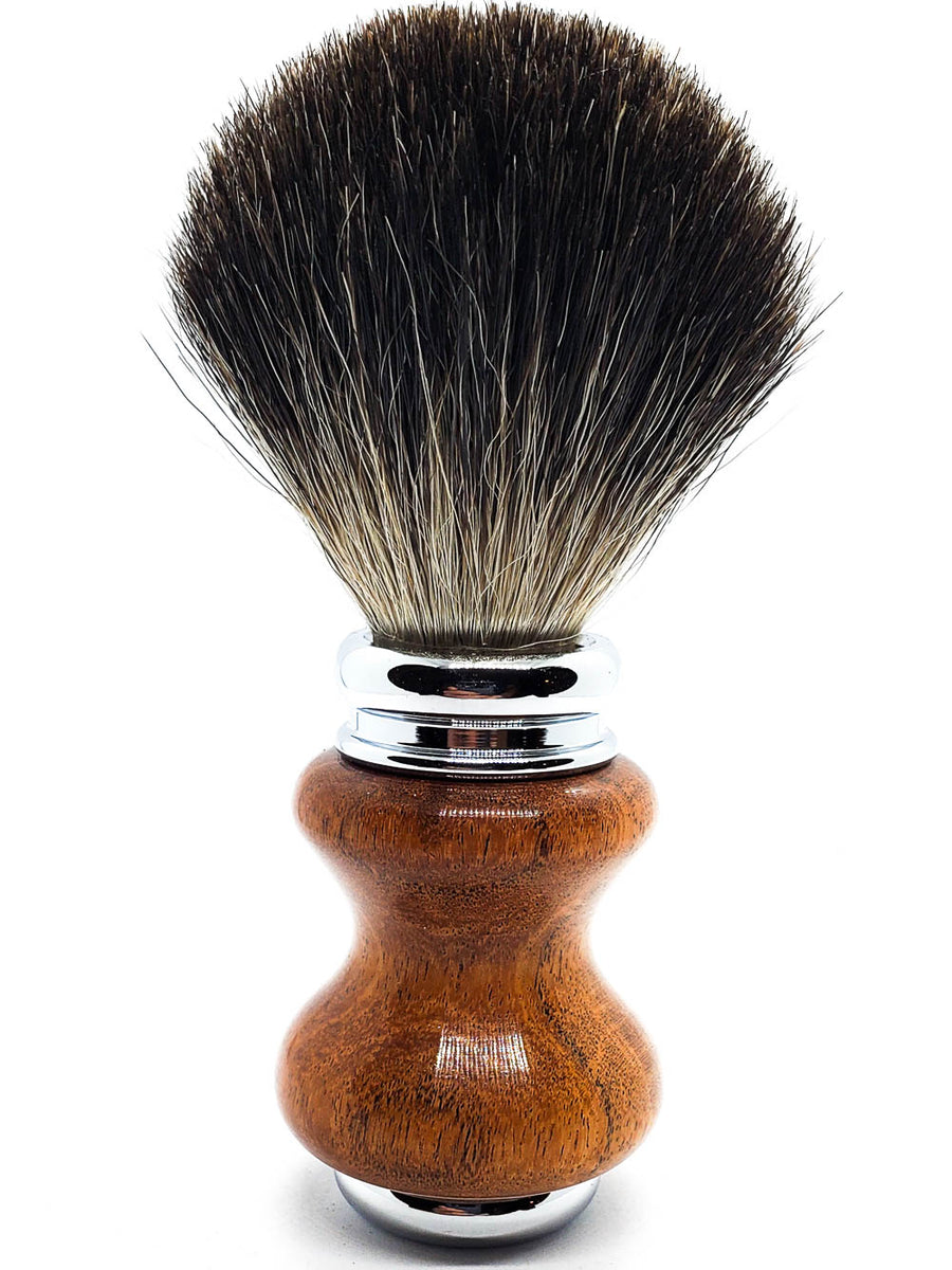 close up of a black badger shave brush with a mesquite handle from mc shave gear