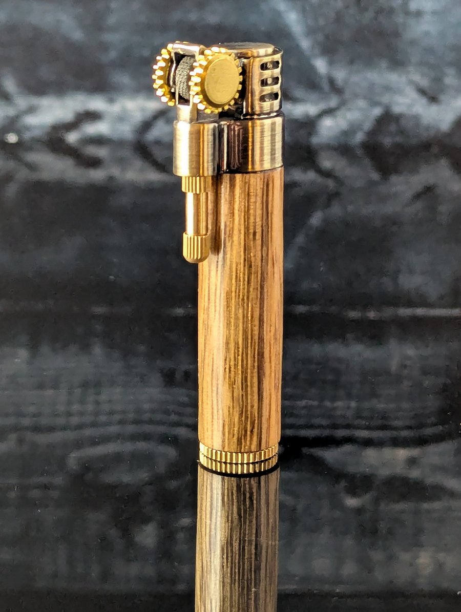 steampunk style slim lighter with a handcrafted wood barrel made from black limba