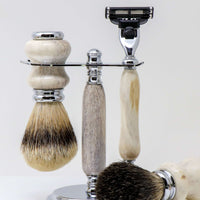 Hand-turned Premium Razor Set with Badger Shave Brush in Antler