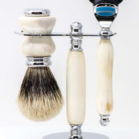 Hand-turned Premium Razor Set with Badger Shave Brush in Antler