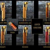 variations of wood barrels available with a steampunk style lighter