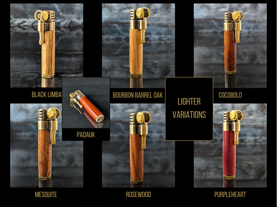 variations of wood barrels available with a steampunk style lighter