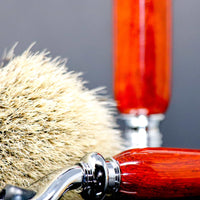 hand made razor set with silver tip badger brush in padauk wood