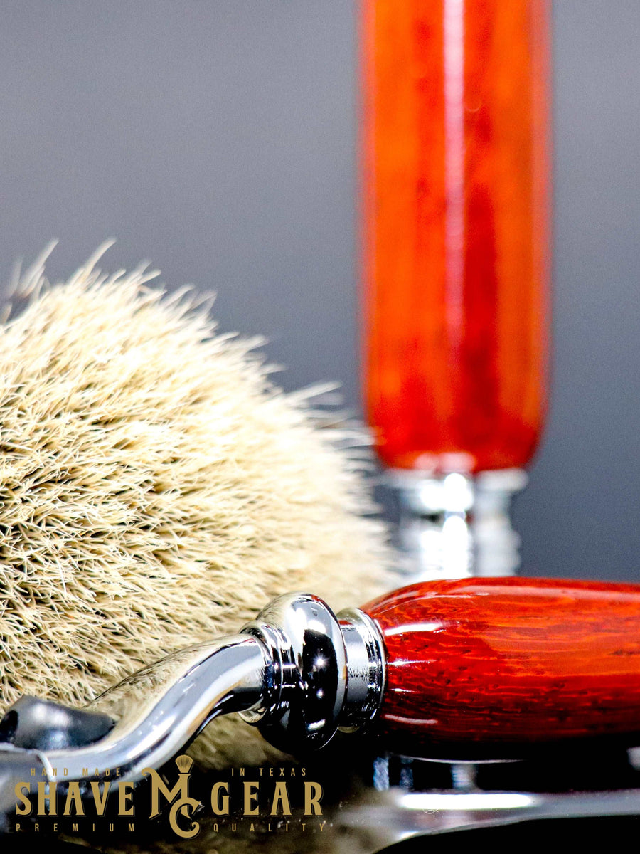 hand made razor set with silver tip badger brush in padauk wood