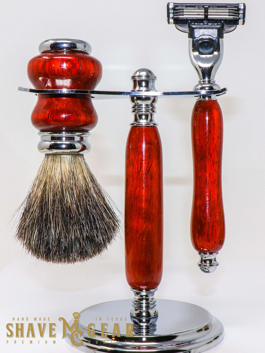 hand made razor set with badger brush in padauk wood