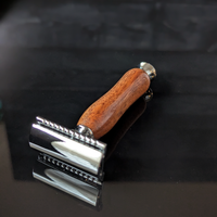 front view of a hand-crafted safety razor with a mesquite handle from MC Shave Gear