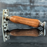 Hand-crafted safety razor with a mesquite handle from MC Shave Gear