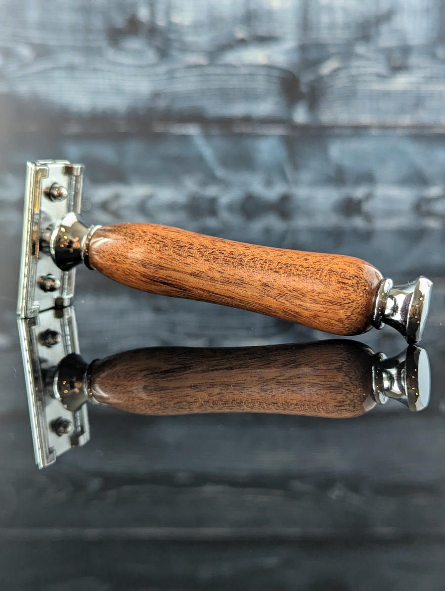 Hand-crafted safety razor with a mesquite handle from MC Shave Gear