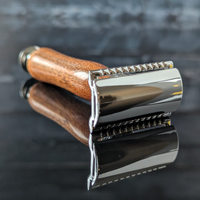 front left view of a hand-crafted safety razor with a mesquite handle from MC Shave Gear