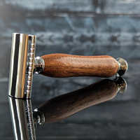 side view of a hand-crafted safety razor with a mesquite handle from MC Shave Gear