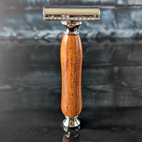 front view of a hand-crafted safety razor with a mesquite handle from MC Shave Gear