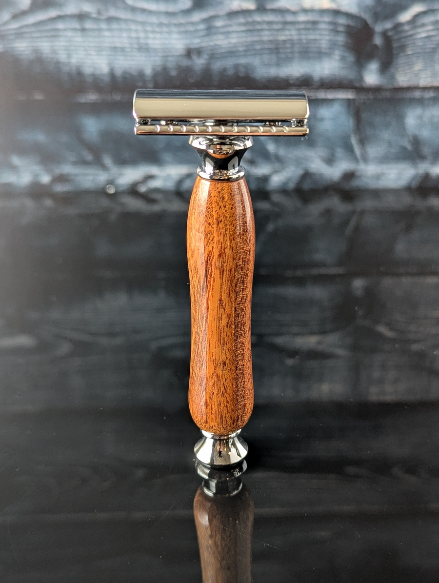 front view of a hand-crafted safety razor with a mesquite handle from MC Shave Gear