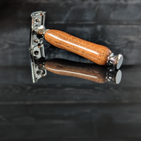 left back view of a hand-crafted safety razor with a mesquite handle from MC Shave Gear