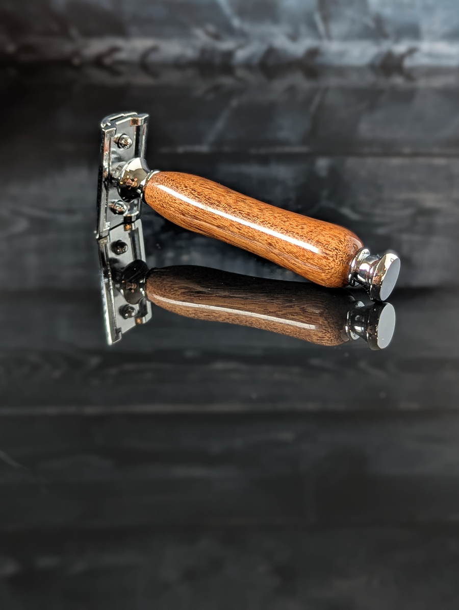 left back view of a hand-crafted safety razor with a mesquite handle from MC Shave Gear